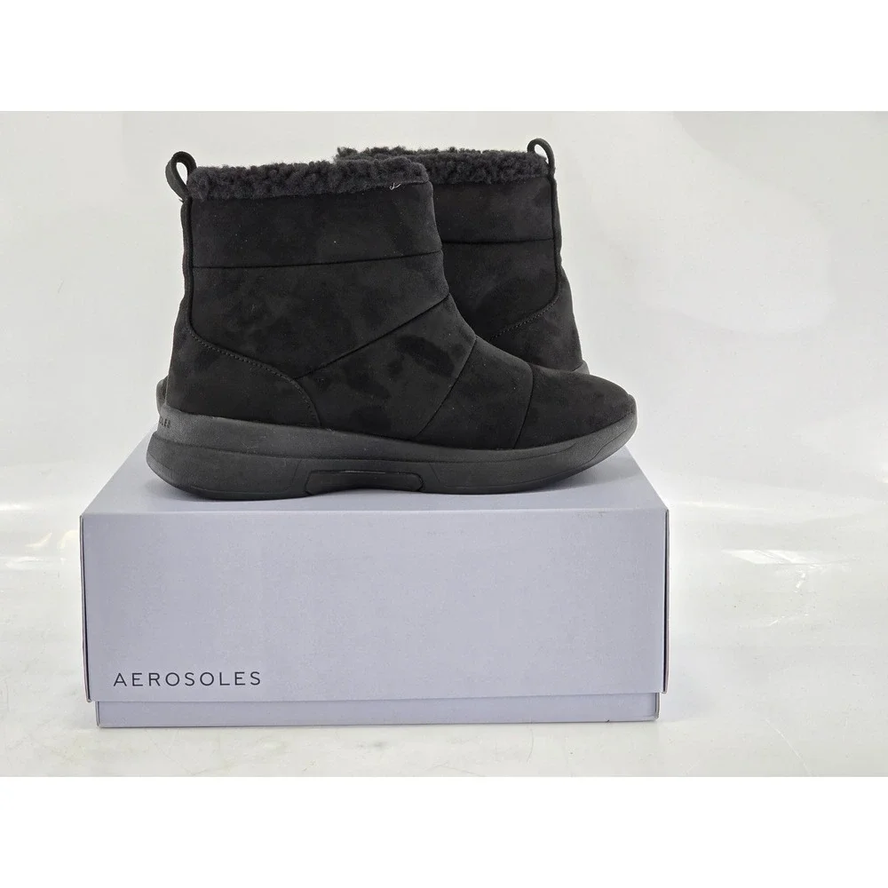 Aerosoles Fawne Ankle Boots Womens 9.5 Black Faux Suede Shearling Trim - New